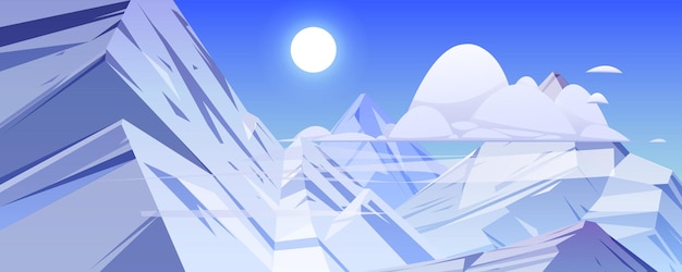 Vecteur gratuit paysage de montagnes avec des rochers et des pics de glace. scène de nature de dessin animé de vecteur avec des sommets de montagnes couverts de neige blanche, de nuages et de soleil dans le ciel bleu. illustration de la haute gamme de roches