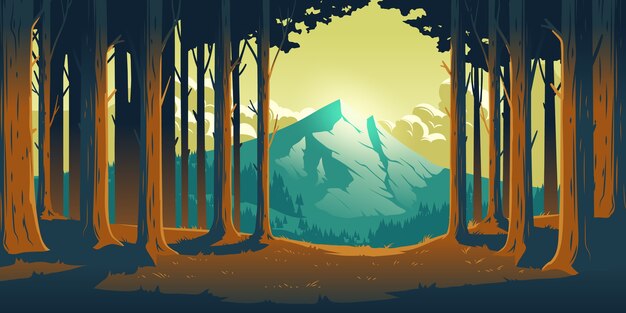 Paysage de nature de dessin animé avec la montagne dans la clairance des troncs d'arbres à feuilles caduques de la forêt