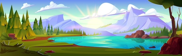 Paysage Naturel De Dessin Animé Avec Des Montagnes Rocheuses Et Des Arbres De Lac Et Des Sapins Sur L'herbe Verte De La Banque Et Un Ciel Ensoleillé Avec Des Nuages Panorama Vectoriel D'été Ou De Printemps Avec Des Pics Forestiers Et Un étang D'eau Ou Une Rivière