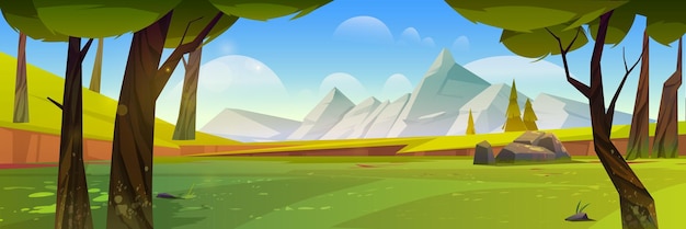 Vecteur gratuit paysage naturel de dessin animé avec des montagnes vertes sur le terrain des rochers et des arbres forêt d'été sous un ciel bleu avec des nuages paysage vue tranquille 2d fond de jeu belle forêt illustration vectorielle