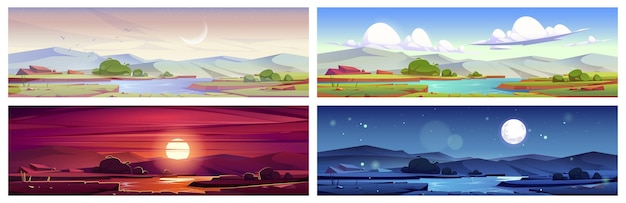 Paysage Naturel De Dessin Animé Tôt Le Matin Le Soir Le Coucher Du Soleil Et La Nuit Champ Vert Avec Des Rochers D'herbe D'étang Arrière-plans De Paysages Pittoresques Scènes Tranquilles Naturelles Ensemble D'illustrations Vectorielles