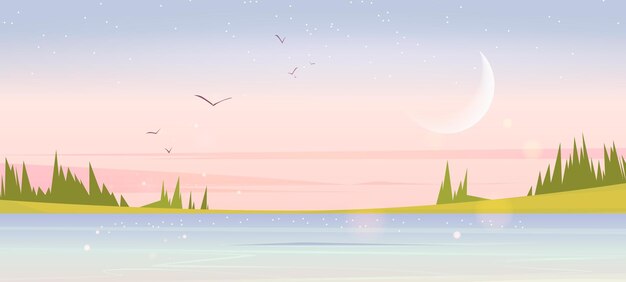 Paysage naturel d'été tôt le matin avec champ vert de lac et arbres de conifères Étang de la vallée de paysage et épicéas sous un ciel rose avec des étoiles en croissant et des oiseaux Fond de vecteur tranquille de dessin animé