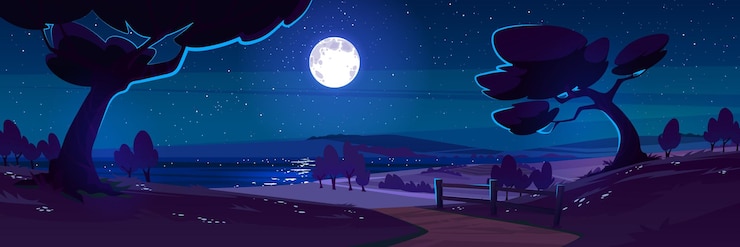 Vecteur gratuit paysage naturel nocturne avec des arbres forestiers et un lac