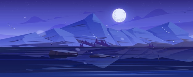 Vecteur gratuit paysage nordique avec des lacs ou des rivières à l'horizon et la pleine lune dans le ciel illustration vectorielle de dessin animé de la scène de la nature hivernale avec des chutes de neige et des reflets dans l'eau la nuit