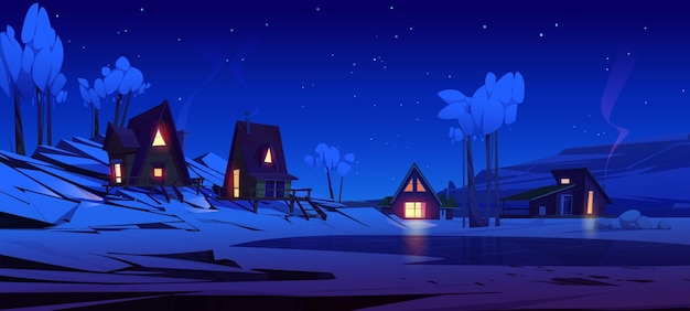 Vecteur gratuit paysage de nuit de montagne d'hiver avec des maisons de chalet