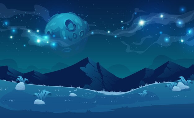 Paysage de nuit avec montagnes et pleine lune.