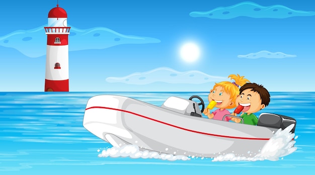 Paysage océanique avec des enfants sur un bateau à moteur