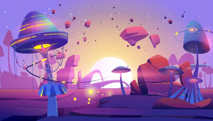Vecteur gratuit paysage de planète extraterrestre avec des champignons fantastiques