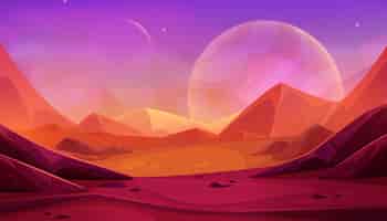 Vecteur gratuit paysage de planète extraterrestre avec désert martien illustration de dessin animé vectoriel de l'espace fantastique fond pour le jeu d'aventure sol brun et orange avec collines de sable ciel nocturne avec étoiles scintillantes
