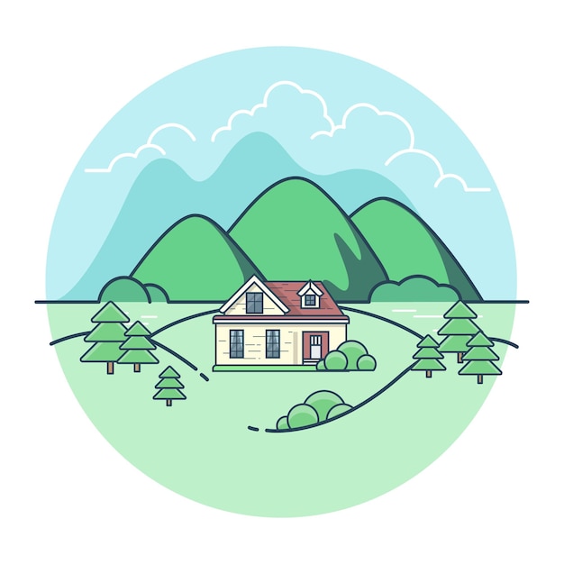 Vecteur gratuit paysage plat linéaire. maison avec montagnes et arbres.