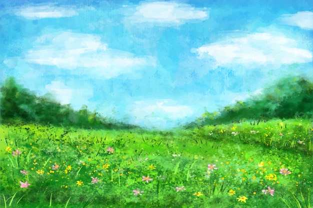 Paysage de printemps aquarelle avec de l'herbe et des fleurs