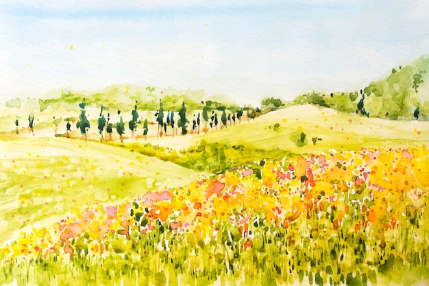 Paysage de printemps aquarelle avec plaines et fleurs