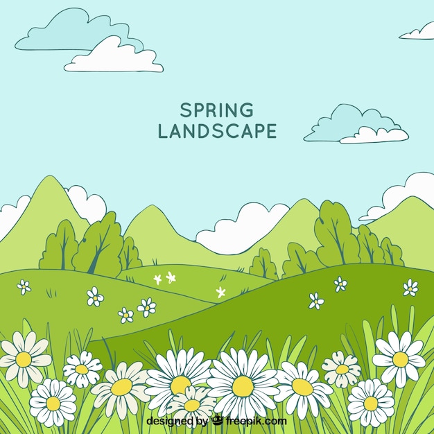 Vecteur gratuit paysage de printemps dessinés à la main