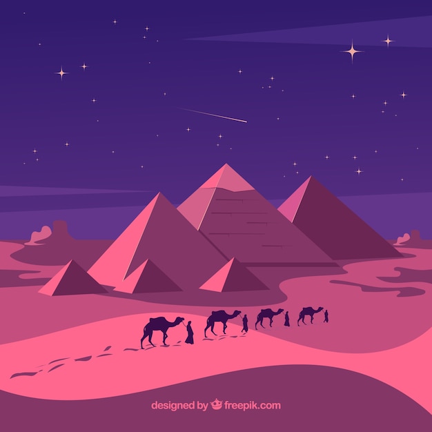 Vecteur gratuit paysage de pyramide avec caravane la nuit