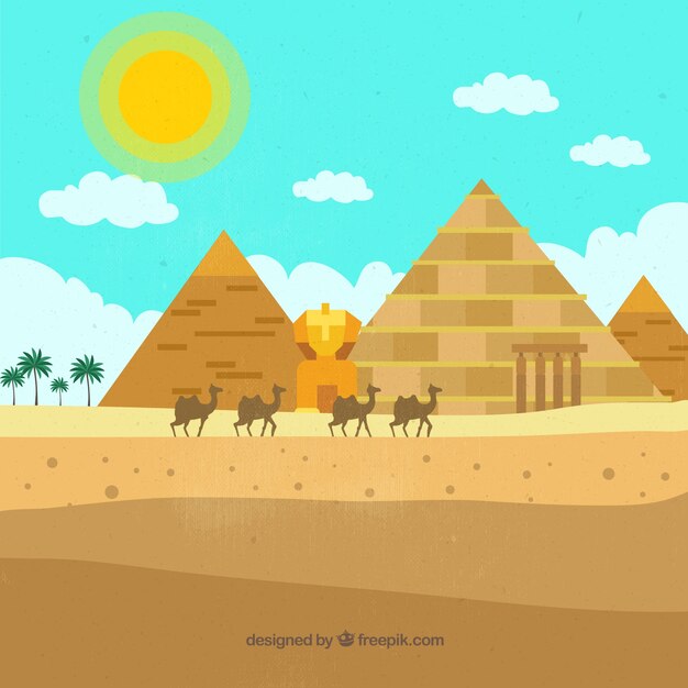 Paysage de pyramides d&#39;Égypte plat avec caravane de chameaux