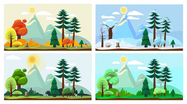 Paysage Quatre Saisons Printemps Automne Ete Hiver Meteo Nature Paysage Vecteur Dessin Anime Vecteur Premium
