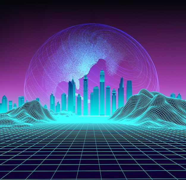 Paysage rétro avec cyber ville et planète numérique en arrière-plan. illustration vectorielle.