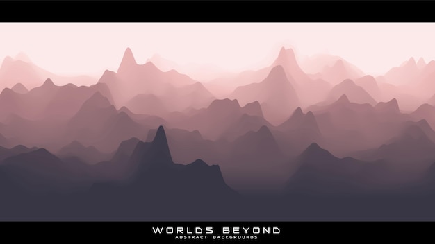 Paysage rougeâtre abstrait avec brouillard brumeux jusqu'à l'horizon sur les pentes des montagnes