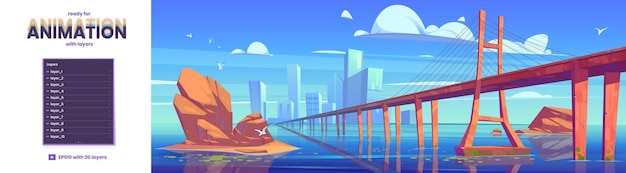 Vecteur gratuit paysage avec route viaduc au-dessus des bâtiments de la ville fluviale sur l'horizon et des pierres dans l'eau fond de parallaxe de vecteur prêt pour l'animation 2d avec illustration de dessin animé de la ville du lac et du pont