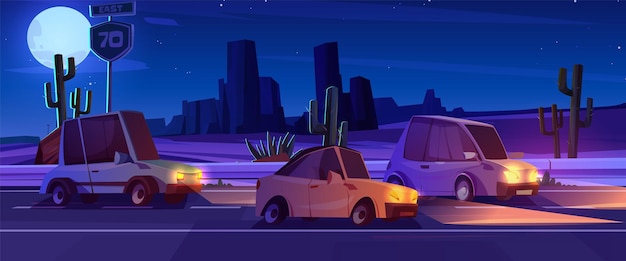 Vecteur gratuit paysage routier désertique nocturne avec arrière-plan vecteur de voiture et de cactus scène de route occidentale dans le canyon à voyage sur route avec phares sur asphalte vue latérale de l'autoroute illustration de la nature rocheuse de la sécheresse