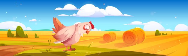 Paysage rural avec des balles de foin sur le terrain agricole et poule sur l'herbe verte. Illustration de dessin animé de vecteur de campagne, de terres agricoles avec des rouleaux de paille de blé ronds, des meules de foin jaunes et du poulet