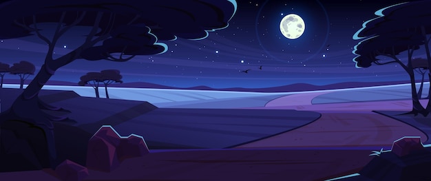 Vecteur gratuit paysage de savane africaine nocturne, nature sauvage de l'afrique au crépuscule, arrière-plan de dessin animé avec route, arbres, rochers et oiseaux volant dans un ciel étoilé avec la pleine lune. kenya nuit, illustration vectorielle