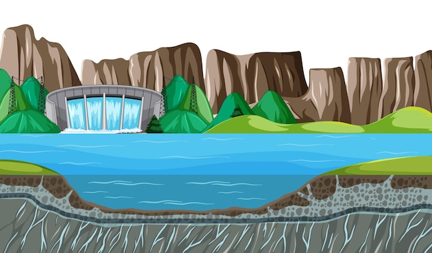 Vecteur gratuit paysage de scène de nature avec sous-marin du barrage