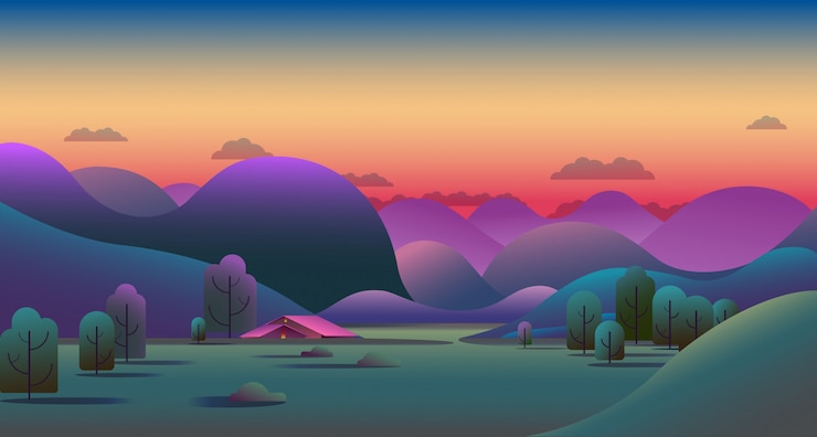 Vecteur gratuit paysage de soirée naturel avec des collines verdoyantes