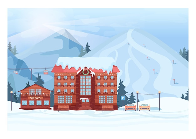 Paysage de station de ski. village d'hiver avec hôtel et pistes de ski