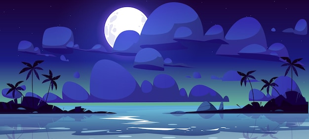 Vecteur gratuit paysage tropical avec baie de mer la nuit. . illustration de dessin animé de vecteur de paysage marin d'été avec lagon ou port, silhouettes de palmiers sur le rivage, lune et nuages dans le ciel sombre