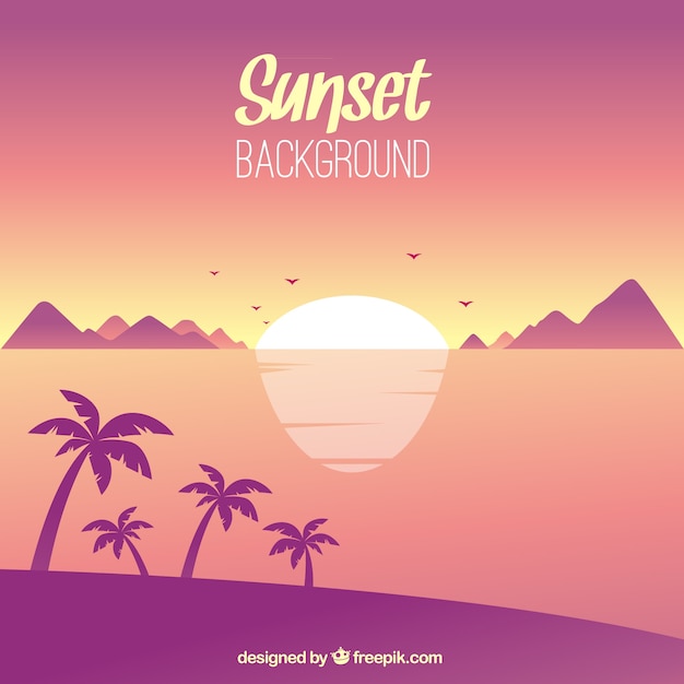 Vecteur gratuit paysage tropical avec le coucher du soleil