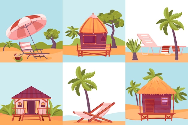 Vecteur gratuit paysage tropical six compositions carrées plates avec bungalow et palmiers sur illustration vectorielle de mer plage