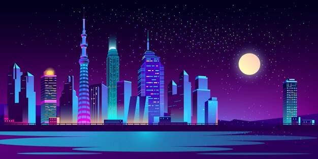 Paysage urbain avec des gratte-ciel au néon