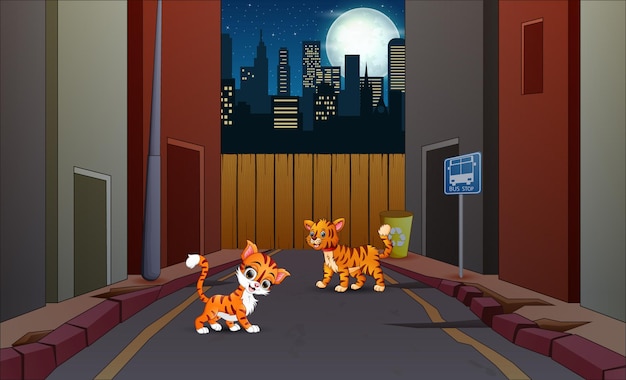 Paysage urbain de nuit avec deux chats dans la rue