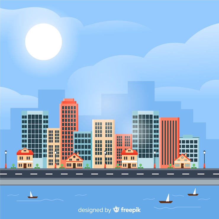 Vecteur gratuit paysage urbain plat avec des immeubles de bureaux