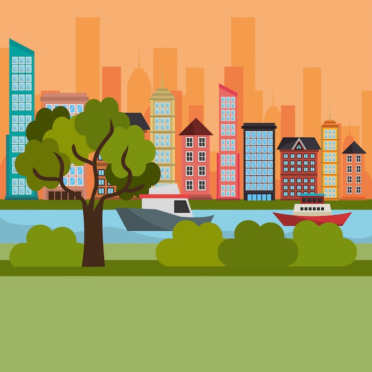 Vecteur gratuit paysage urbain et rivière