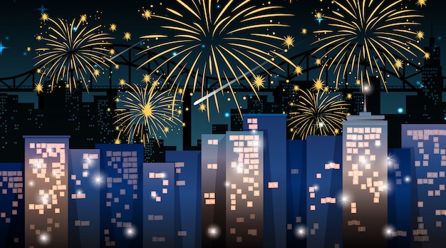 Vecteur gratuit paysage urbain avec scène de feux d'artifice de célébration