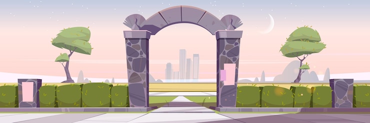 Vecteur gratuit paysage urbain tôt le matin avec portes en pierre, entrée du jardin de la ville ou du parc. horizon urbain avec clôture de haie et arbres. fond de lever de soleil avec ciel rose, croissant et étoiles, illustration vectorielle de dessin animé