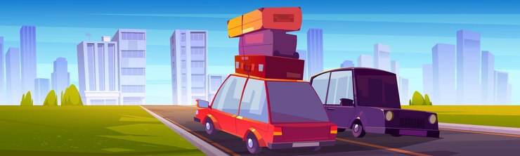 Vecteur gratuit paysage urbain avec des voitures sur la route et des bâtiments à l'horizon. illustration de dessin animé de vecteur du paysage d'été avec la ville à l'horizon, l'herbe verte, les arbres, l'autoroute et l'auto avec des bagages sur le toit