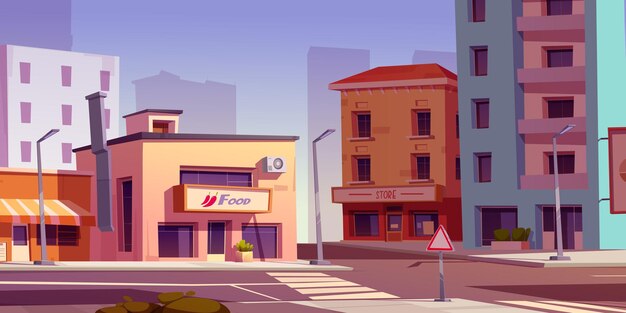 Le paysage de la ville avec des bâtiments à plusieurs étages avec des magasins et des cafés, une route avec des croix et des trottoirs, une illustration vectorielle d'un coin d'autoroute vide du centre-ville avec un trottoir.