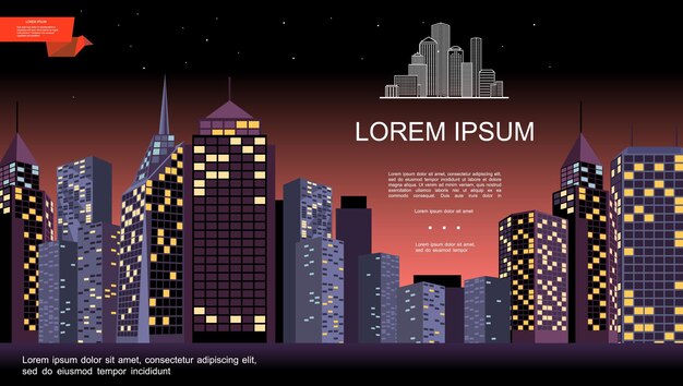 Paysage de la ville de nuit avec des bâtiments modernes et des gratte-ciel en illustration de style plat