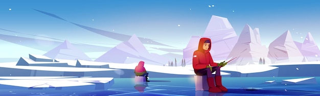 Vecteur gratuit pêcheur mâle assis sur un lac gelé avec tige illustration de dessin animé vectoriel de pêcheurs en vêtements chauds et bottes de pêche en attente d'attraper du poisson dans un trou de glace fond de montagne enneigée activité de plein air