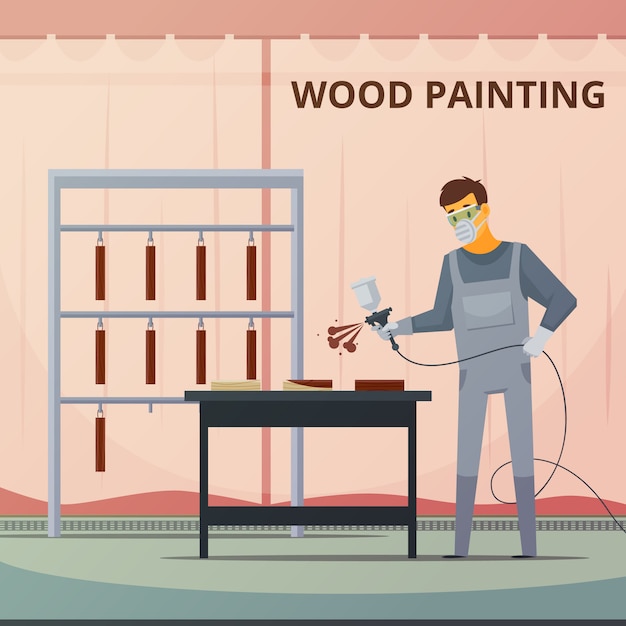 Vecteur gratuit peintre en bois professionnel pulvérisant de la peinture acrylique sur des pièces de meubles en bois
