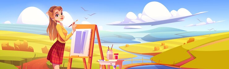 Vecteur gratuit peintre de fille avec pinceau et chevalet sur le terrain avec des balles de foin