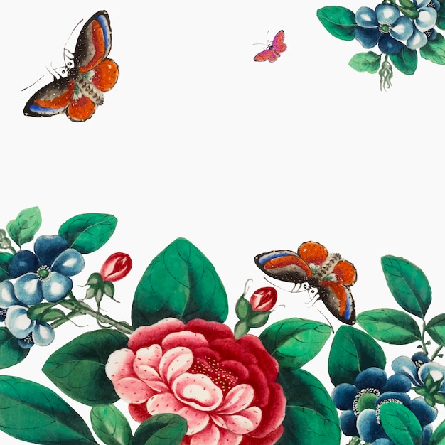 Peinture chinoise avec des fleurs et des papillons