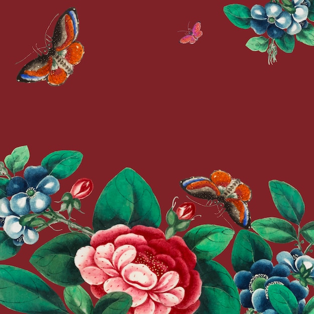 Peinture Chinoise Avec Des Fleurs Et Des Papillons