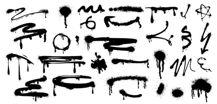 Vecteur gratuit la peinture en pulvérisation coule des lignes droites et courbes l'encre noire éclabousse des taches d'encre avec effet graffiti des traits et des taches de pinceau avec des éclaboussures et des gouttes un ensemble vectoriel d'éléments de conception dans le style de rue urbaine