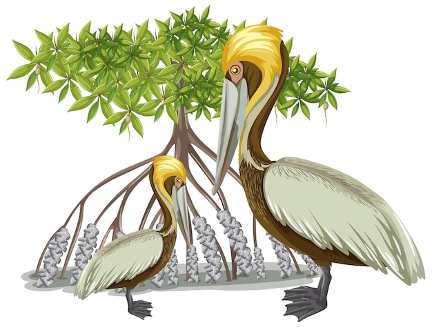 Vecteur gratuit pélican brun avec mangrove en style cartoon sur fond blanc