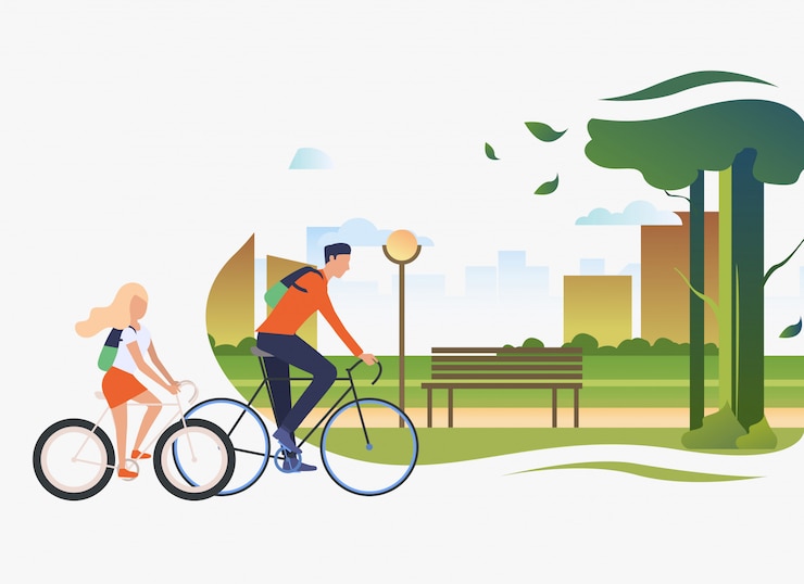 Vecteur gratuit père et fille à bicyclette, parc de la ville avec arbre et banc