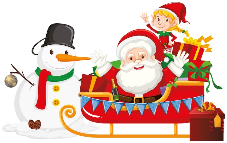 Vecteur gratuit père noël et bonhomme de neige en traîneau